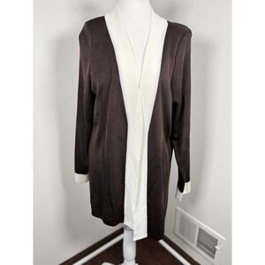 Exclusively‎ Misook Womens Size M Open Front Brown White Trim Cardigan Business